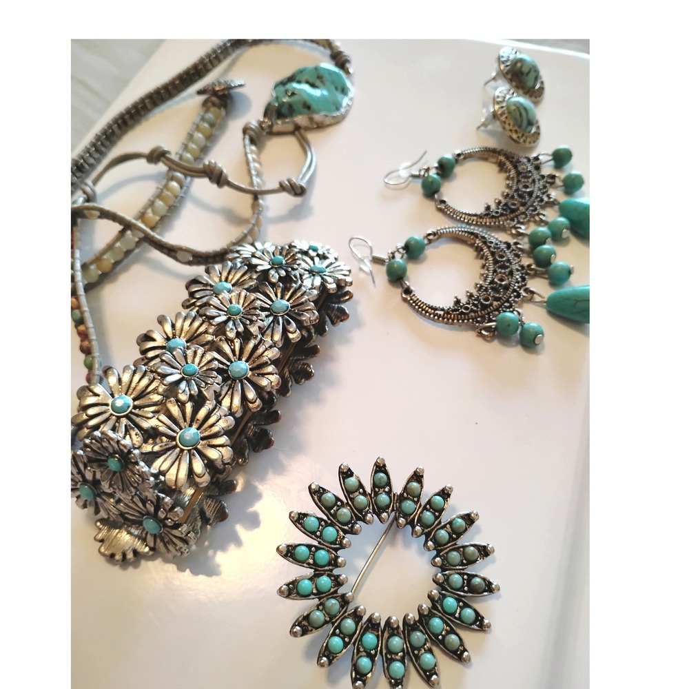 Turquoise Floral Statement Bracelet and Earrings Set - Women's Jewelry